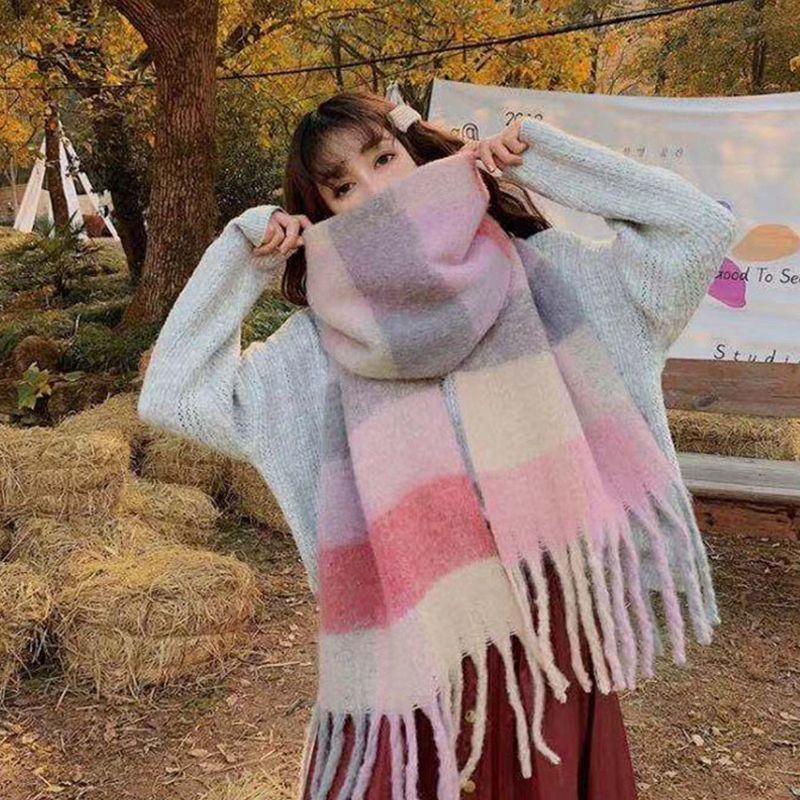 Pink Block Stripe Polyester Scarf