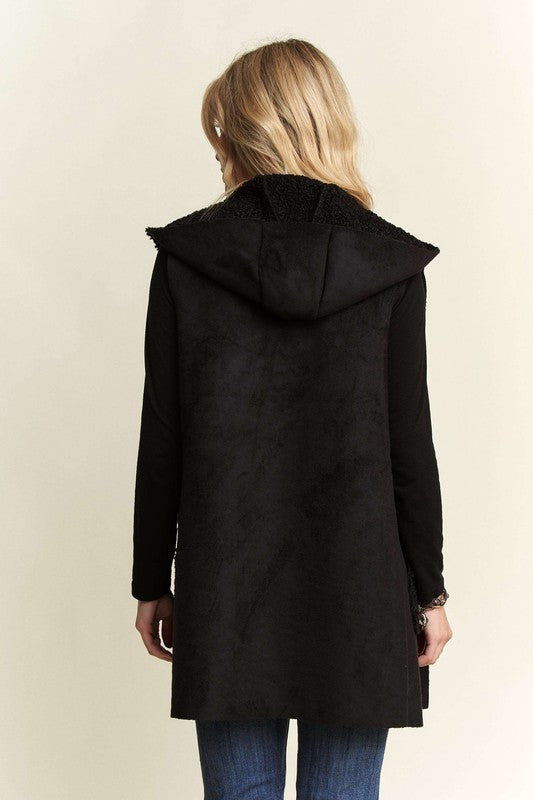 Black Faux Suede Hooded Vest