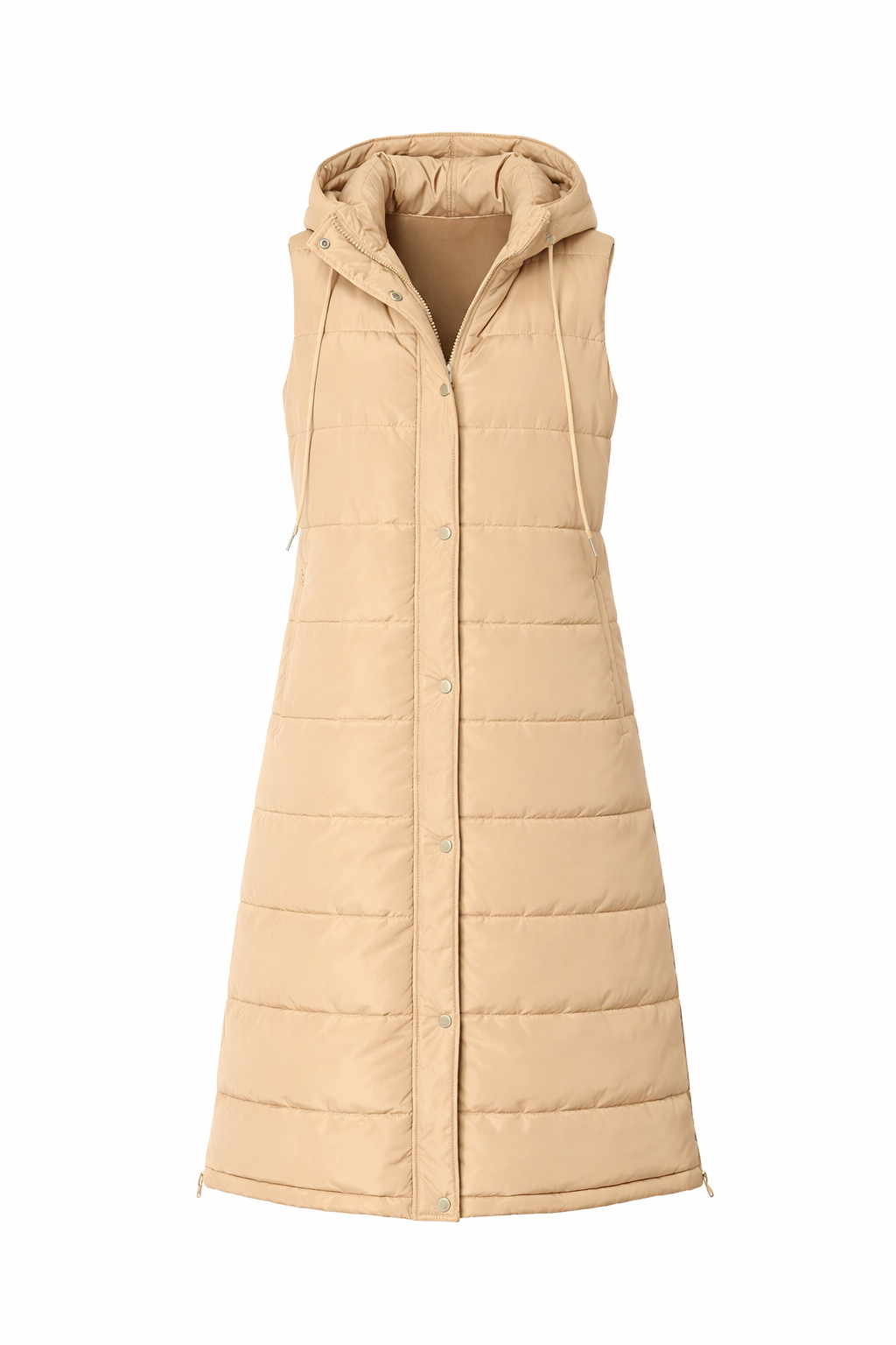Beige Hooded Long Puffer Vest