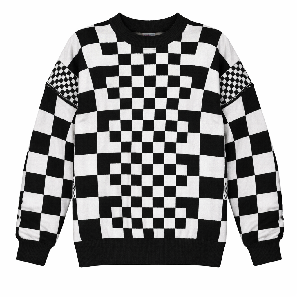 Black Checkered Print Drop Shoulder Round Neck Sweater