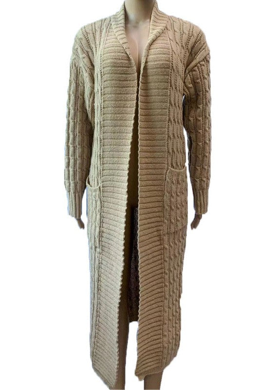 WOMEN'S GREEN CHUNKY CABLE KNITTED LONG LENGTH CARDIGAN