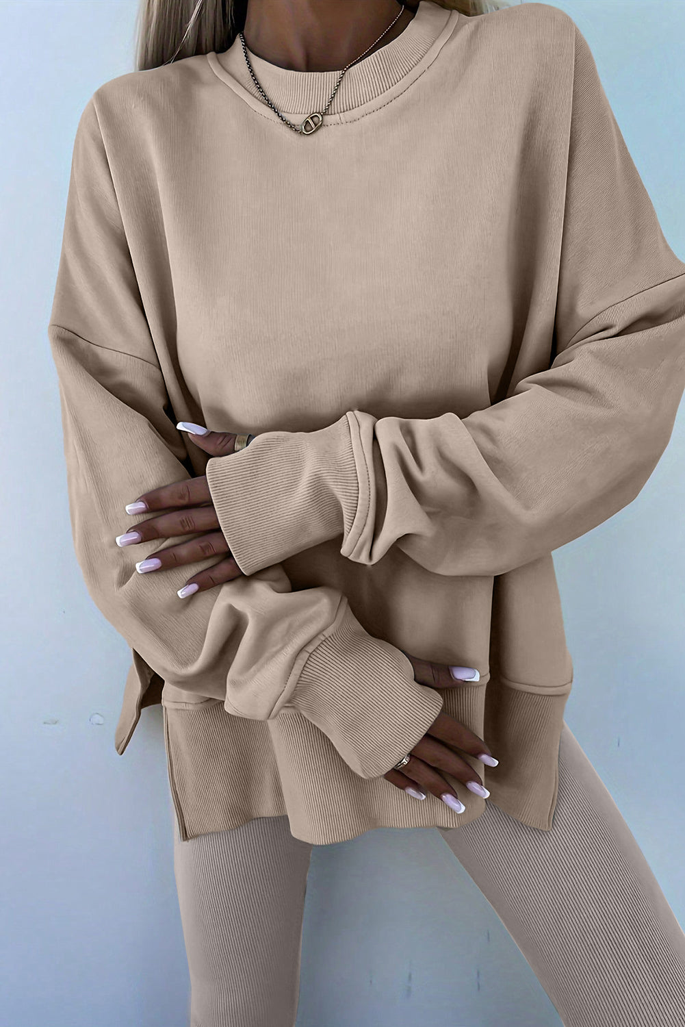 Beige Oversize Slit Sweatshirt Ribbed Leggings 2pcs Set