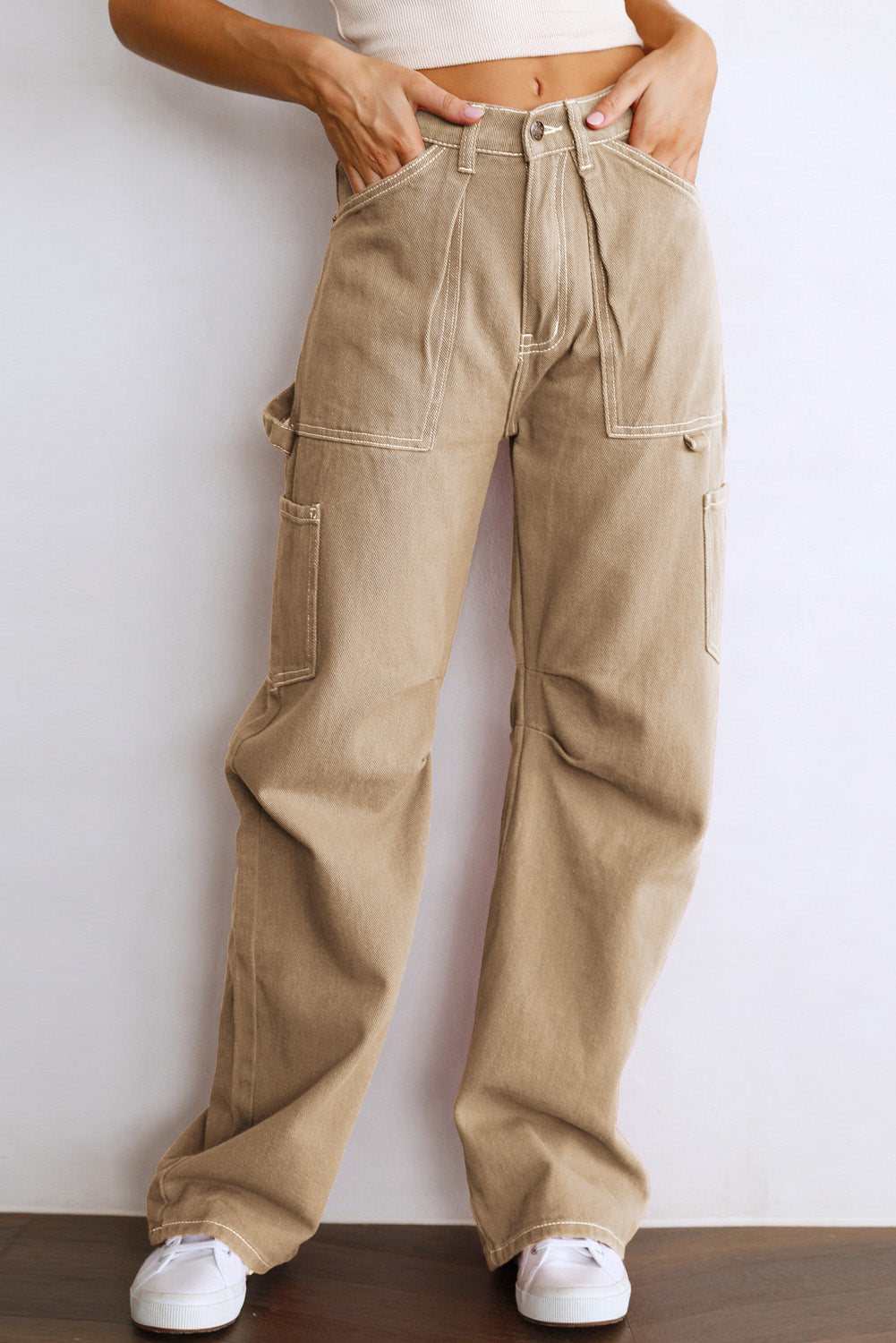 Khaki High Waist Straight Leg Cargo Pants with Pockets