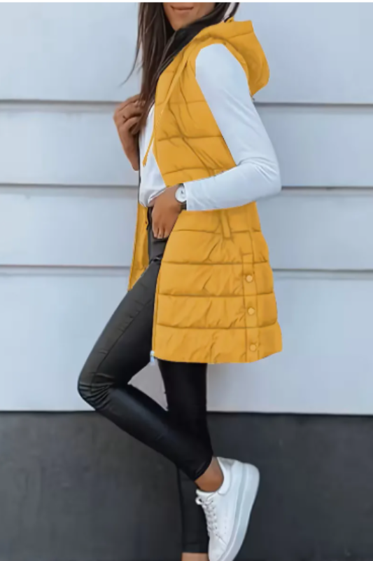 Mustard Hooded Long Puffer Vest