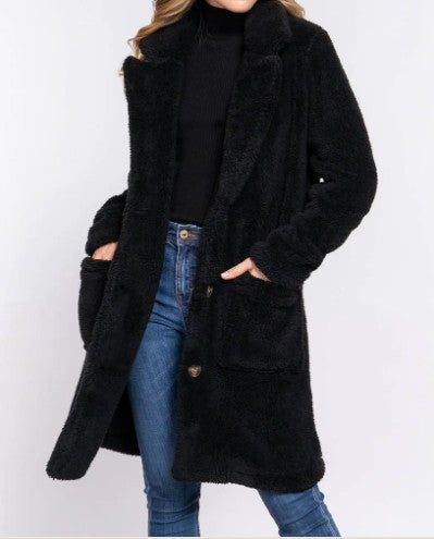 Long Sleeve Notched Collar Patch Pocket Sherpa Coat Black