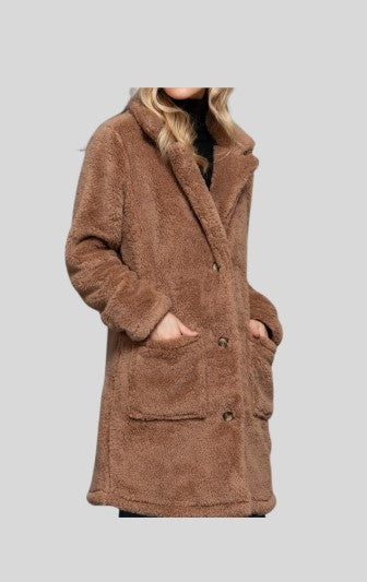 Long Sleeve Notched Collar Patch Pocket Sherpa Coat Camel