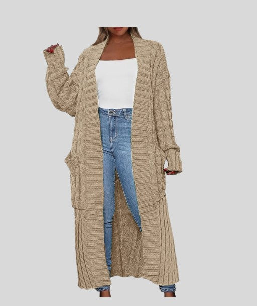 WOMEN'S BEIGE CHUNKY CABLE KNITTED LONG LENGTH CARDIGAN