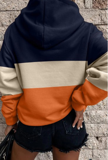 Blue Triple Color Block Hoodie with Kangaroo Pocket
