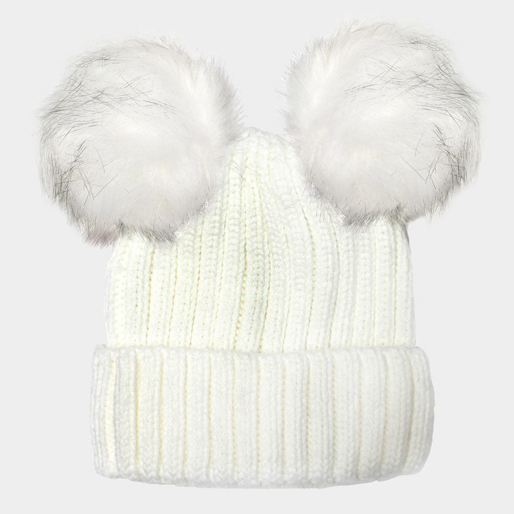 White Double Pom Pom Knit Beanie Hat
