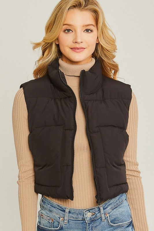 Black Puffer Vest With Pockets