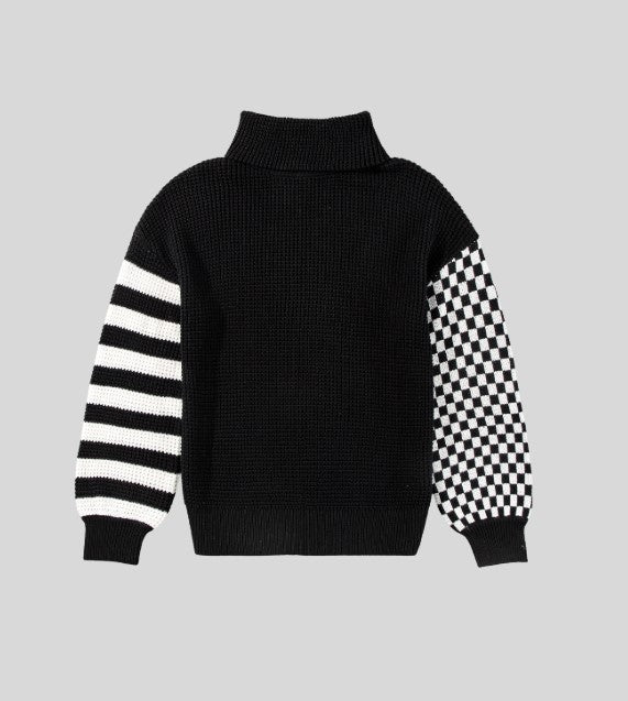 Striped Plaid Patchwork Waffle Knit Turtleneck Sweater