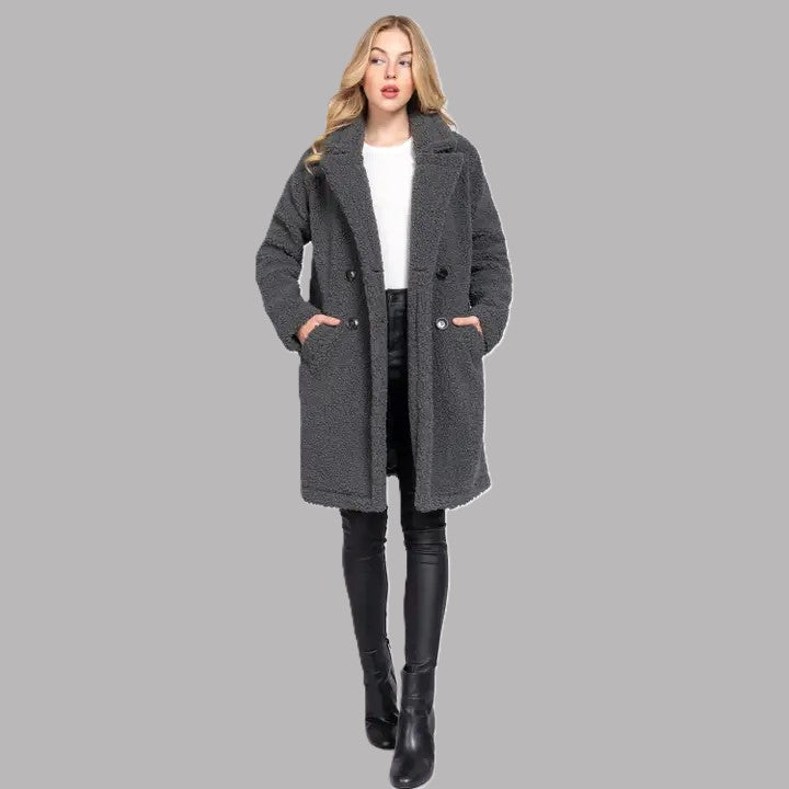 Charcoal Long Sleeve Double Breasted Faux Fur Teddy Coat