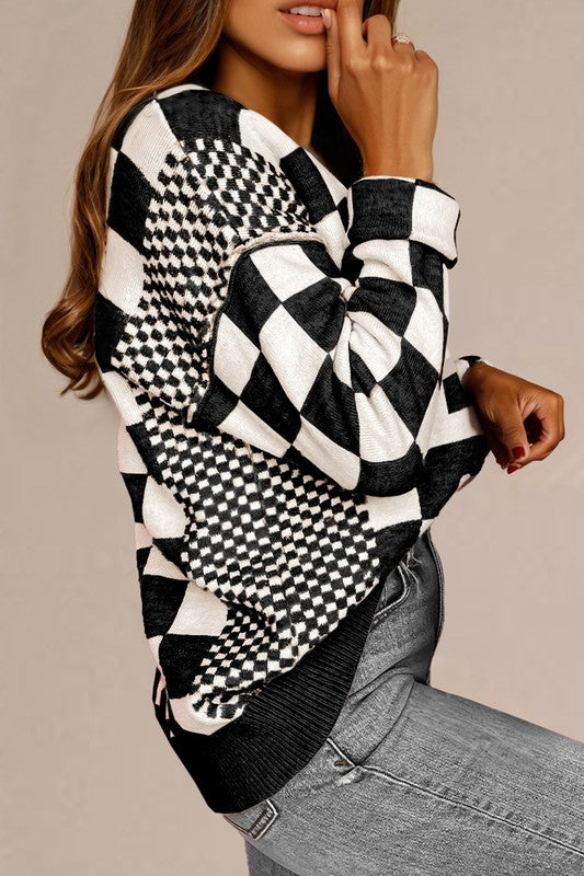 Black Checkered Print Drop Shoulder Round Neck Sweater