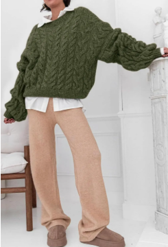 Military Green Cable Knit Long Sleeve Sweater