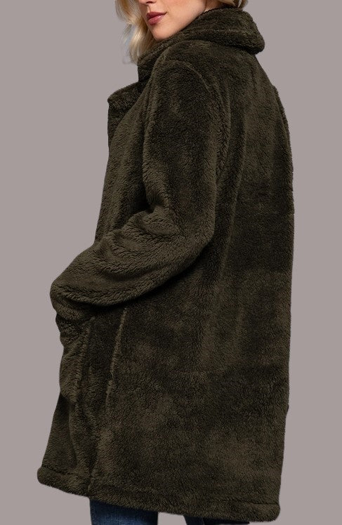 Long Sleeve Notched Collar Patch Pocket Sherpa Coat Olive