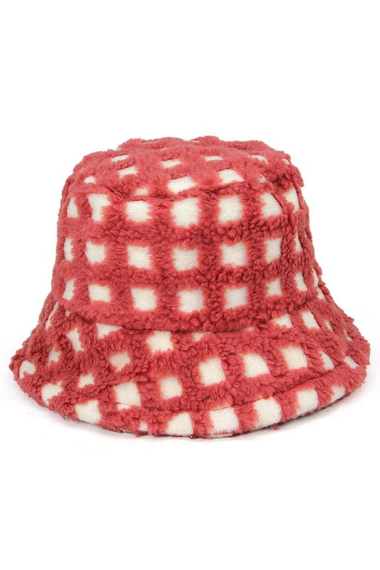 Red Two Tone Faux Fur Checkered Bucket Hat