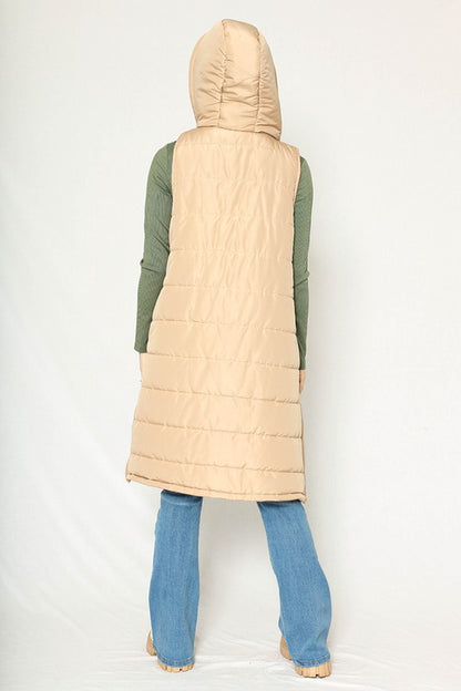 Beige Hooded Long Puffer Vest