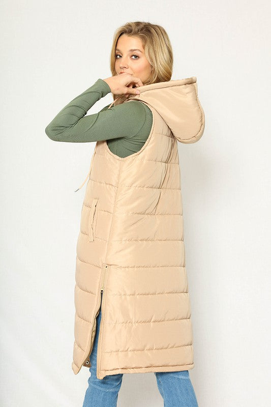 Beige Hooded Long Puffer Vest