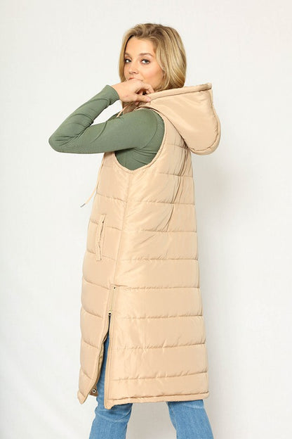 Beige Hooded Long Puffer Vest