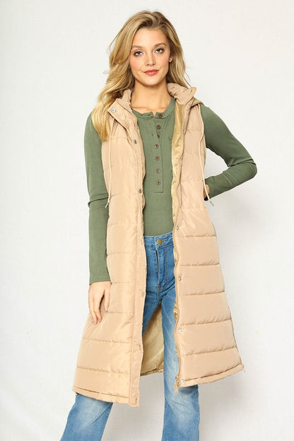 Beige Hooded Long Puffer Vest