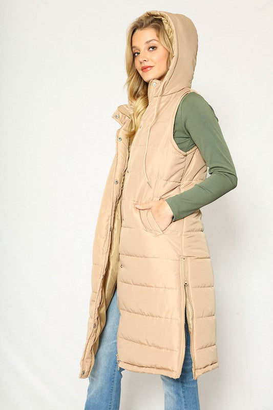 Beige Hooded Long Puffer Vest