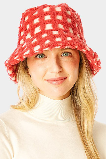 Coral Two Tone Faux Fur Checkered Bucket Hat