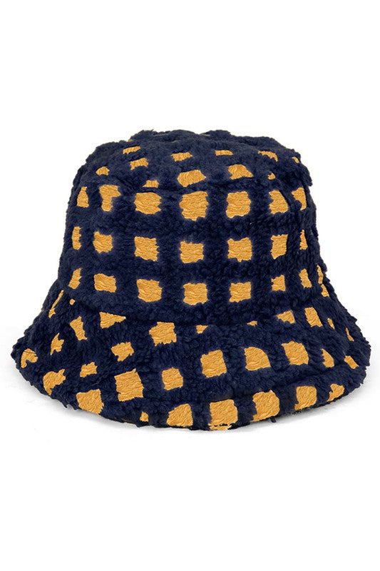 Navy Two Tone Faux Fur Checkered Bucket Hat
