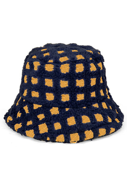 Navy Two Tone Faux Fur Checkered Bucket Hat