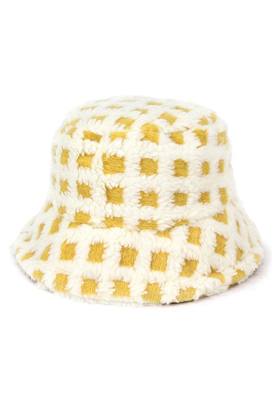 Ivory wo Tone Faux Fur Checkered Bucket Hat