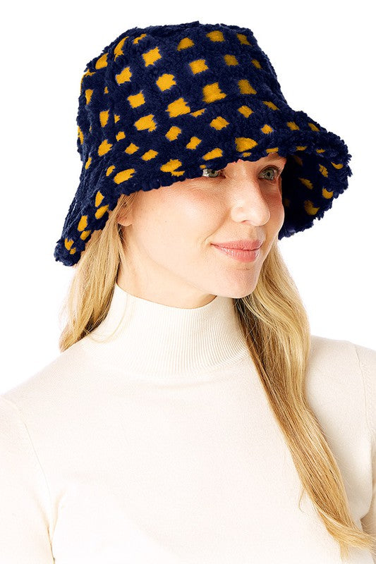 Navy Two Tone Faux Fur Checkered Bucket Hat