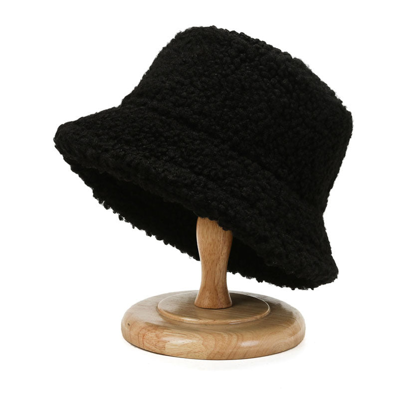 Black Plush Faux Lamb Wool Bucket Hat