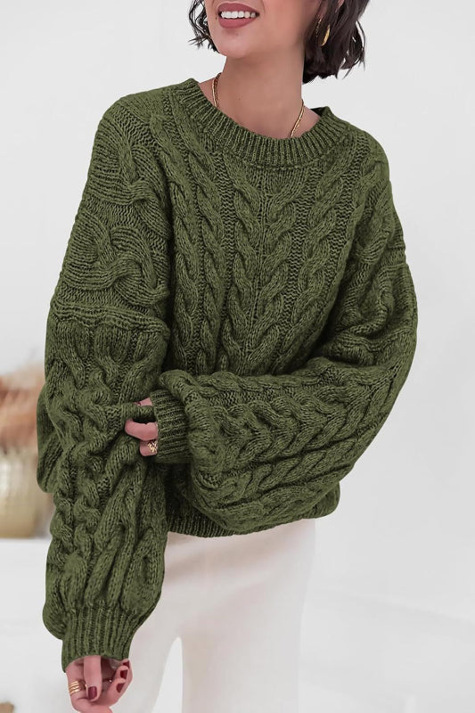 Military Green Cable Knit Long Sleeve Sweater