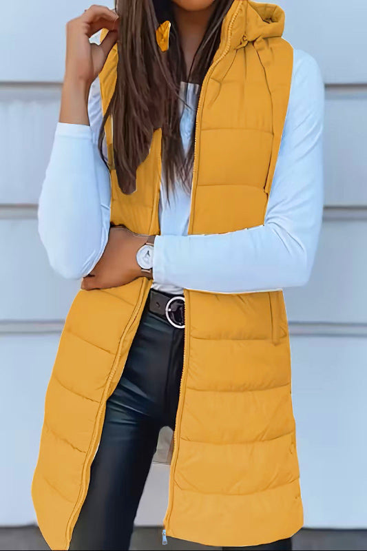 Mustard Hooded Long Puffer Vest