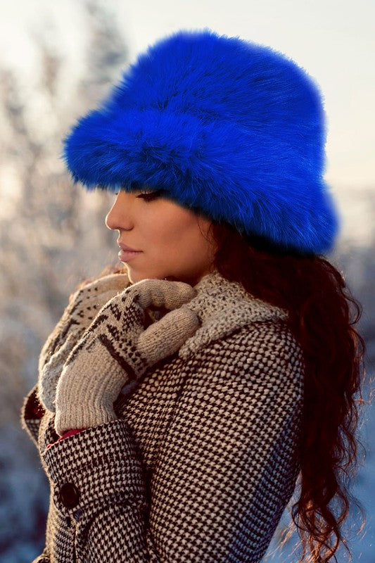 Blue Fuzzy Soft Faux Fur Bucket Hat