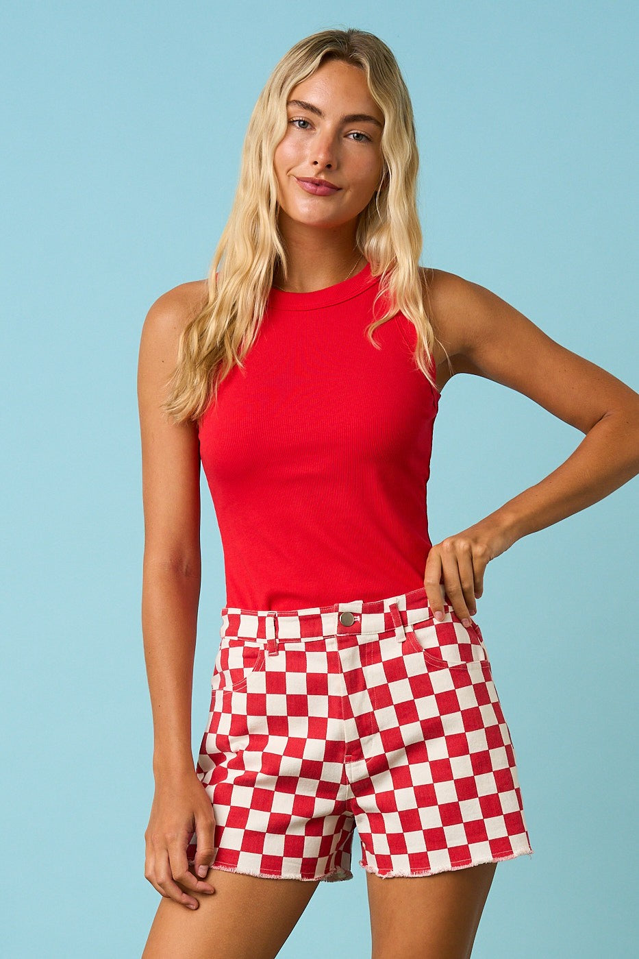 Red Checkered Frayed Hem Casual Shorts