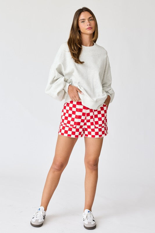 Red Checkered Frayed Hem Casual Shorts