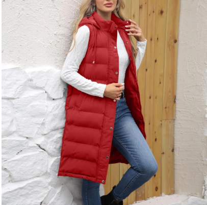 Red Hooded Long Puffer Vest