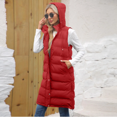 Red Hooded Long Puffer Vest