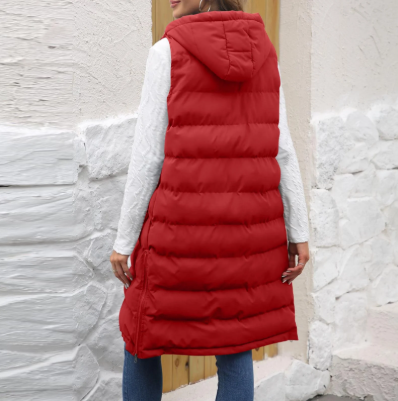 Red Hooded Long Puffer Vest