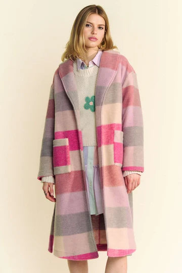 FUZZY MULTI-COLOR BLOCK CHECKER MIDI COAT