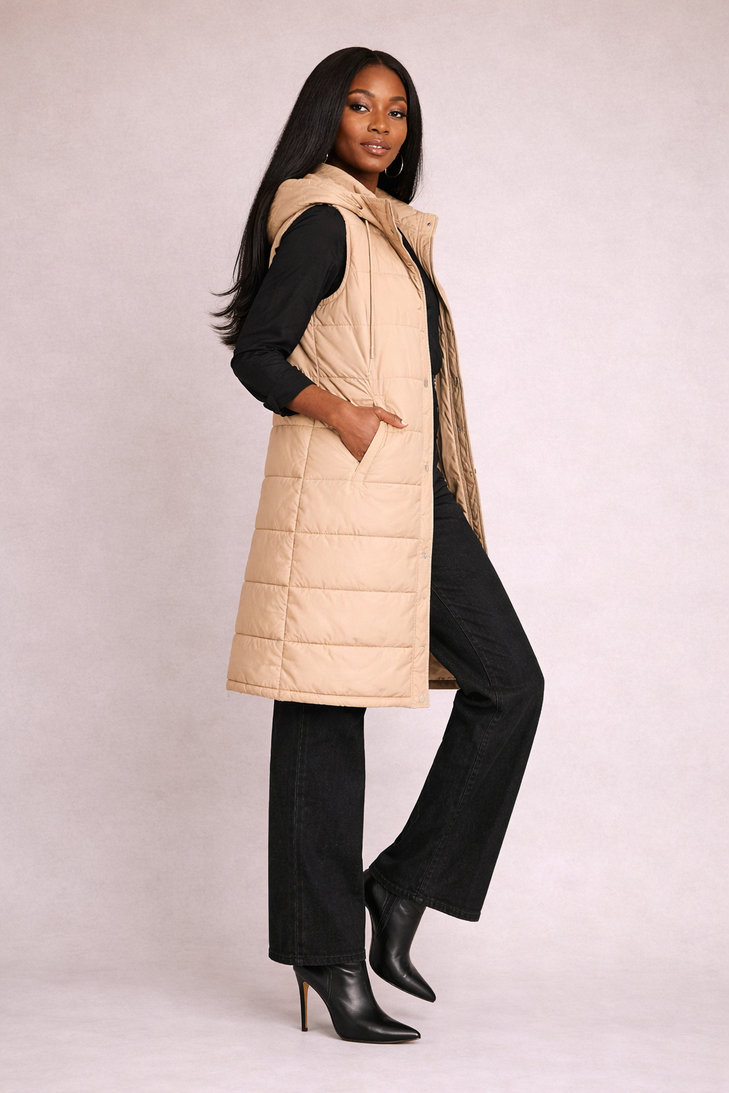 Beige Hooded Long Puffer Vest