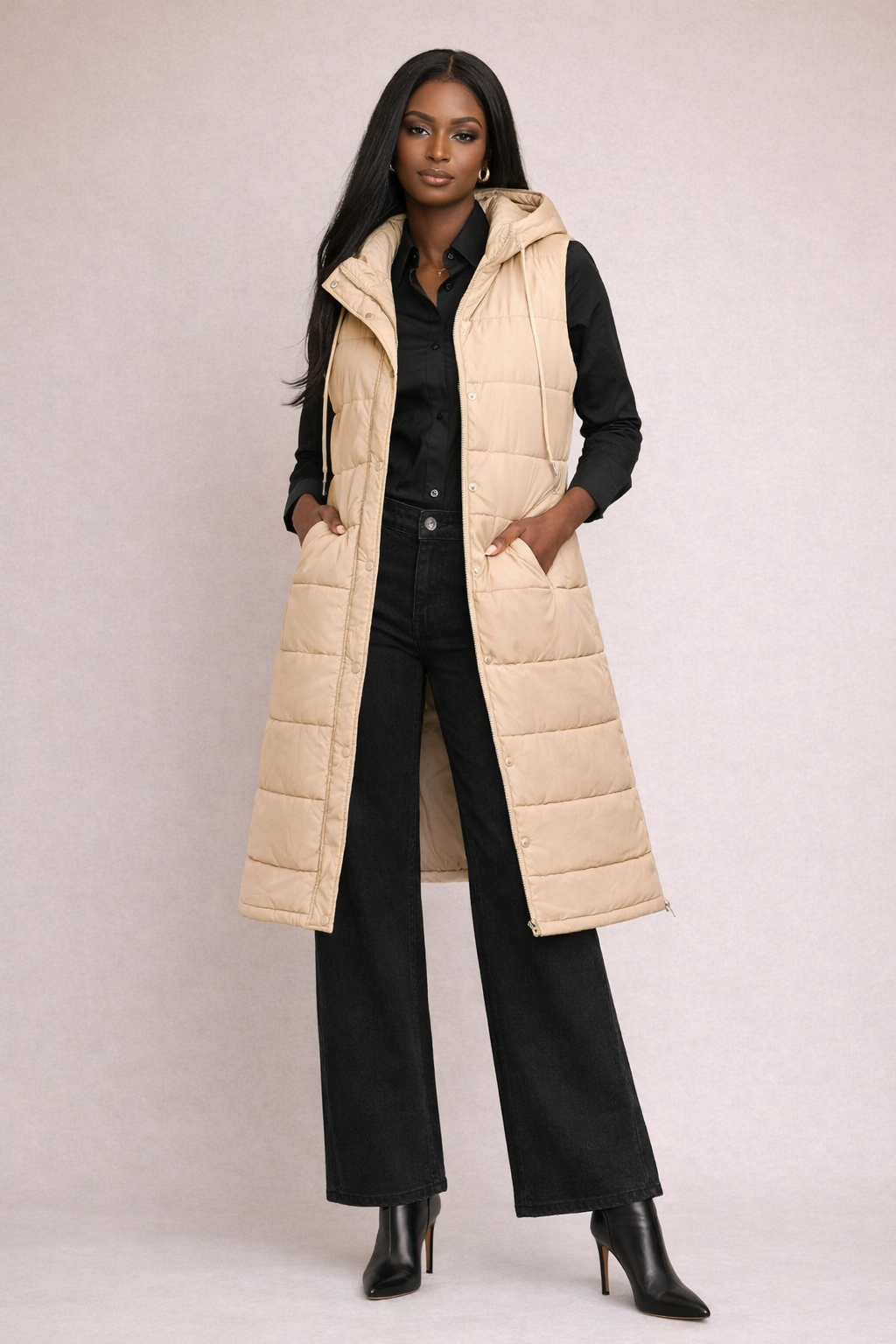 Beige Hooded Long Puffer Vest