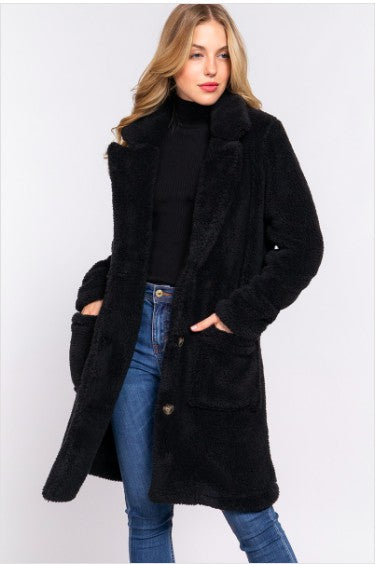 Long Sleeve Notched Collar Patch Pocket Sherpa Coat Black
