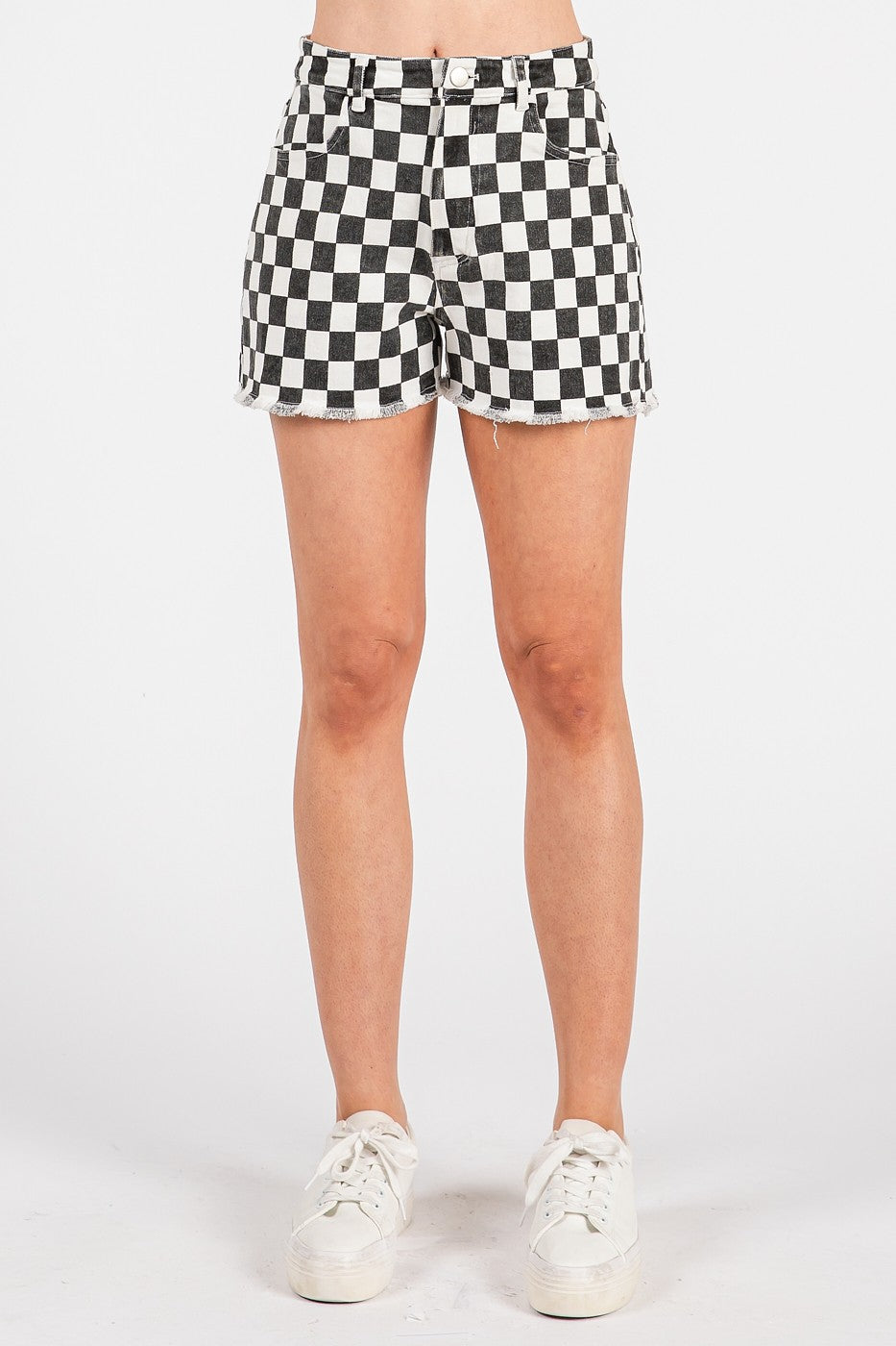 Black Checkered Frayed Hem Casual Shorts