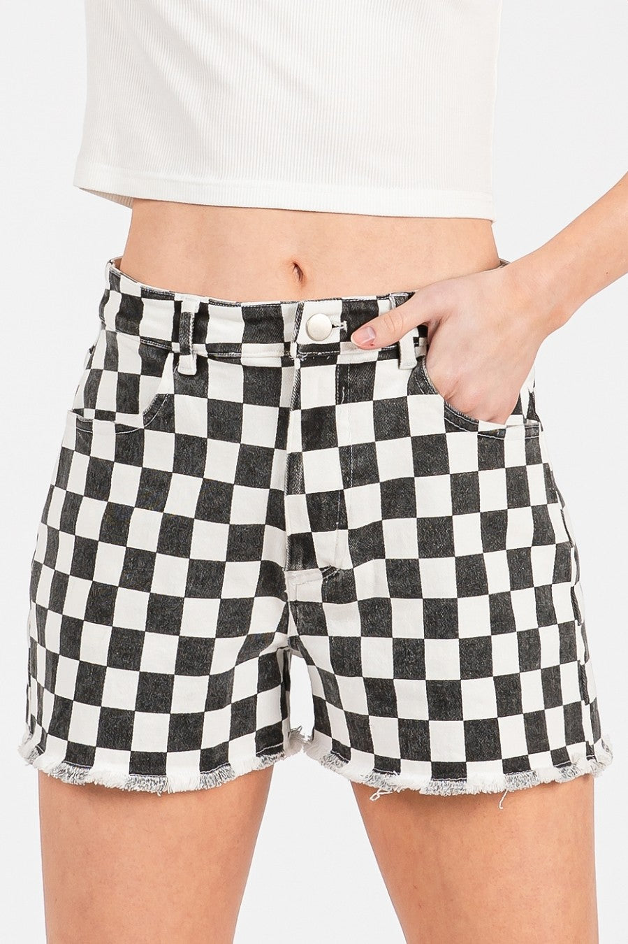 Black Checkered Frayed Hem Casual Shorts
