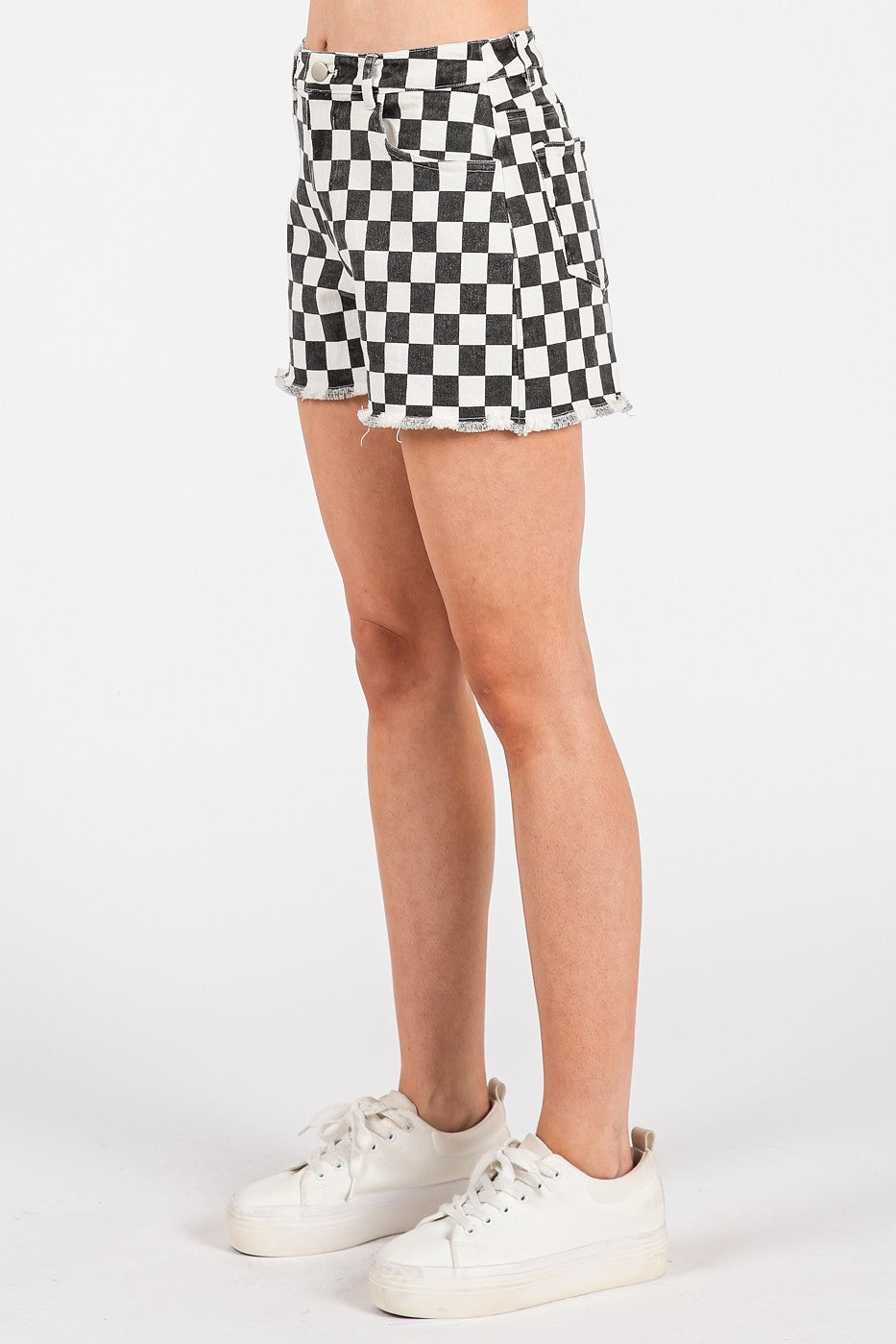 Black Checkered Frayed Hem Casual Shorts