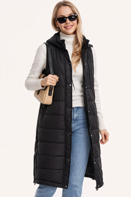 Button Down Hooded Puffer Jacket Black
