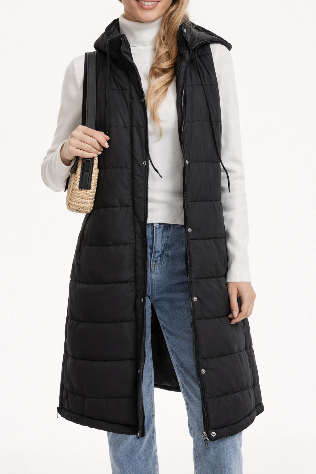 Button Down Hooded Puffer Jacket Black