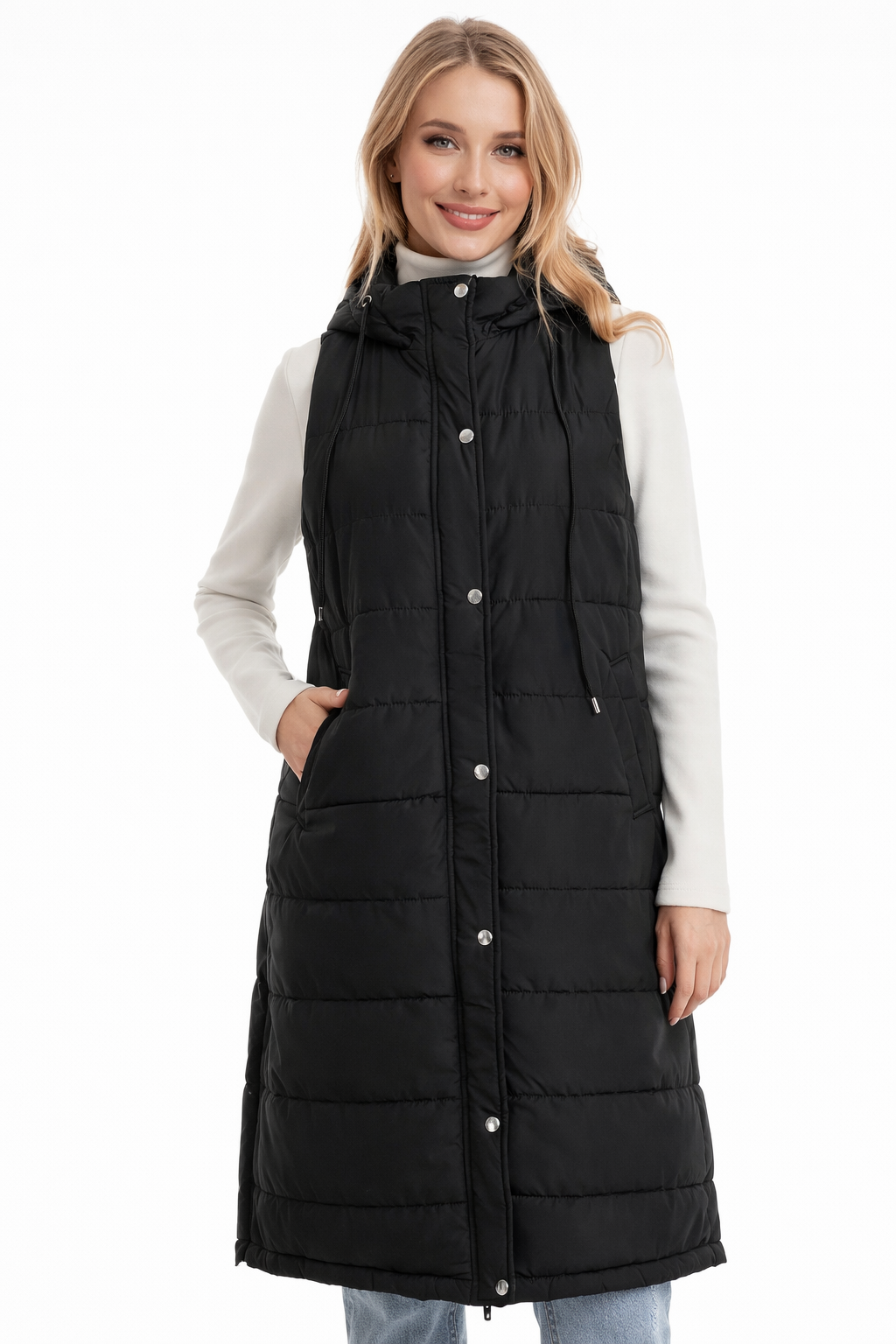 Button Down Hooded Puffer Jacket Black