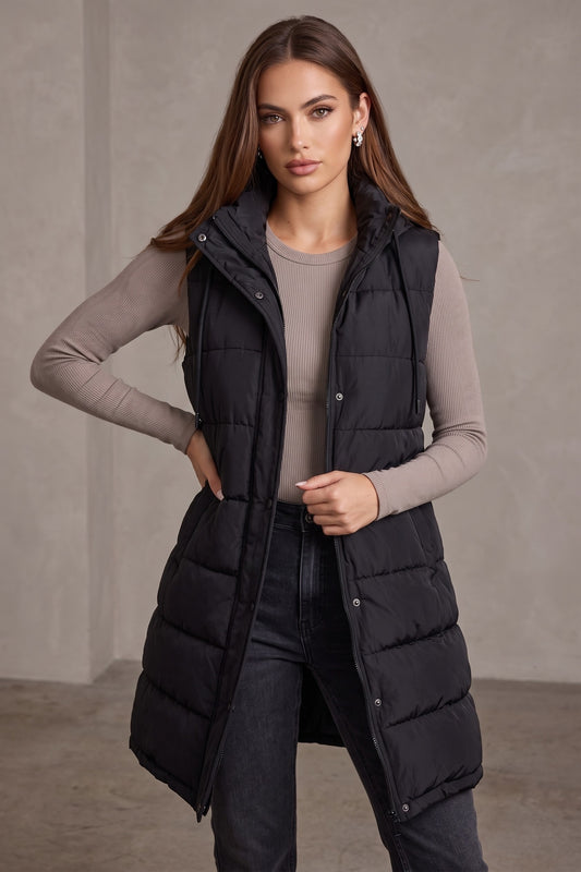 Black Button Down Hooded Puffer Jacket